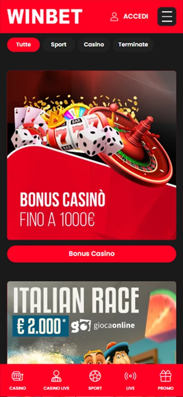 Section promotions de l’application Winbet Casino app présentant les offres et avantages disponibles.