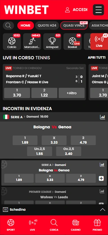Interface de paris sportifs de l’application Winbet Casino app affichant les matchs et cotes en direct.